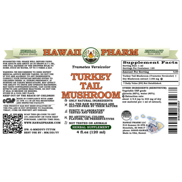 Hawaii Pharm turkey tail (hongo cola de pavo) extracto 120ml